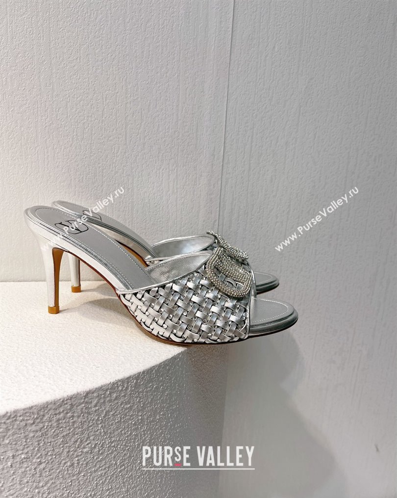 Valentino VLogo Heel Slide Sandals 7.5cm in Woven Calfskin with Crystals Silver 2023 VT102701 (MD-231027037)