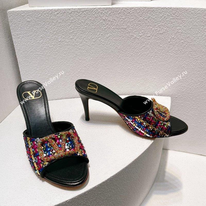 Valentino VLogo Heel Slide Sandals 7.5cm in Woven Calfskin with Crystals Multicolor 2023 VT102701 (MD-231027039)