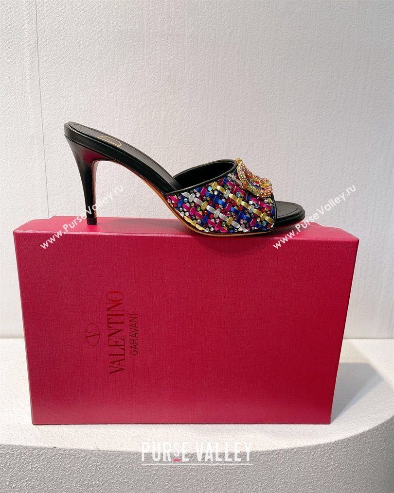 Valentino VLogo Heel Slide Sandals 7.5cm in Woven Calfskin with Crystals Multicolor 2023 VT102701 (MD-231027039)