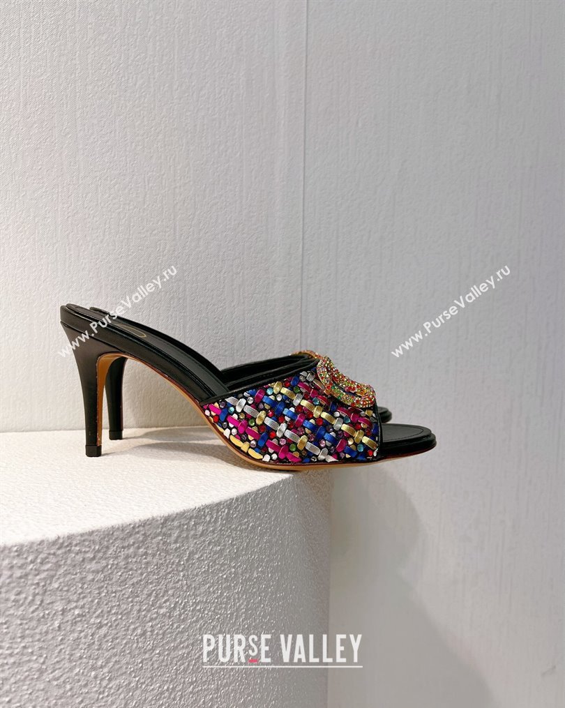 Valentino VLogo Heel Slide Sandals 7.5cm in Woven Calfskin with Crystals Multicolor 2023 VT102701 (MD-231027039)