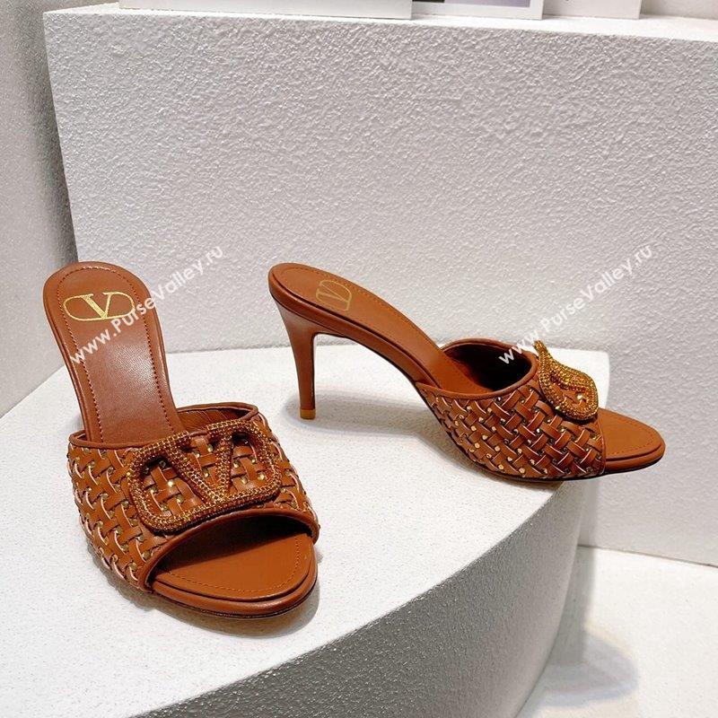 Valentino VLogo Heel Slide Sandals 7.5cm in Woven Calfskin with Crystals Brown 2023 VT102701 (MD-231027041)