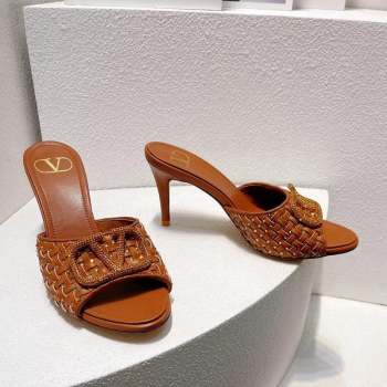 Valentino VLogo Heel Slide Sandals 7.5cm in Woven Calfskin with Crystals Brown 2023 VT102701 (MD-231027041)