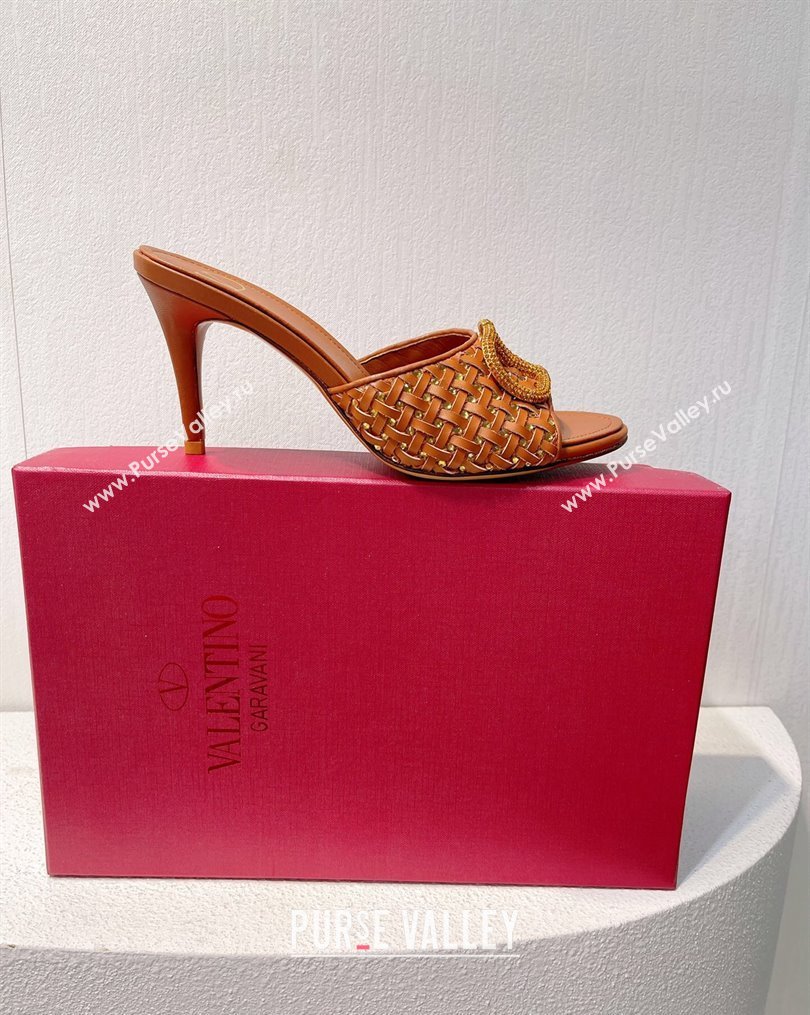 Valentino VLogo Heel Slide Sandals 7.5cm in Woven Calfskin with Crystals Brown 2023 VT102701 (MD-231027041)