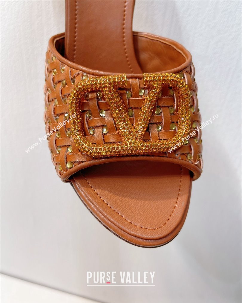 Valentino VLogo Heel Slide Sandals 7.5cm in Woven Calfskin with Crystals Brown 2023 VT102701 (MD-231027041)