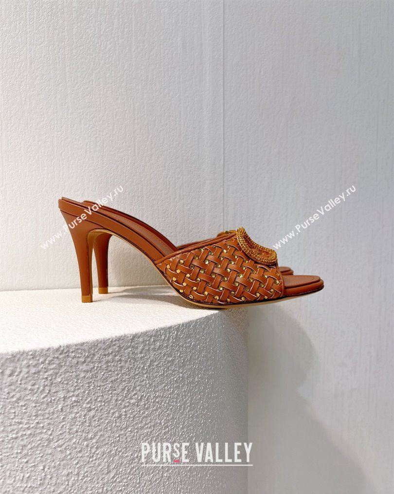 Valentino VLogo Heel Slide Sandals 7.5cm in Woven Calfskin with Crystals Brown 2023 VT102701 (MD-231027041)