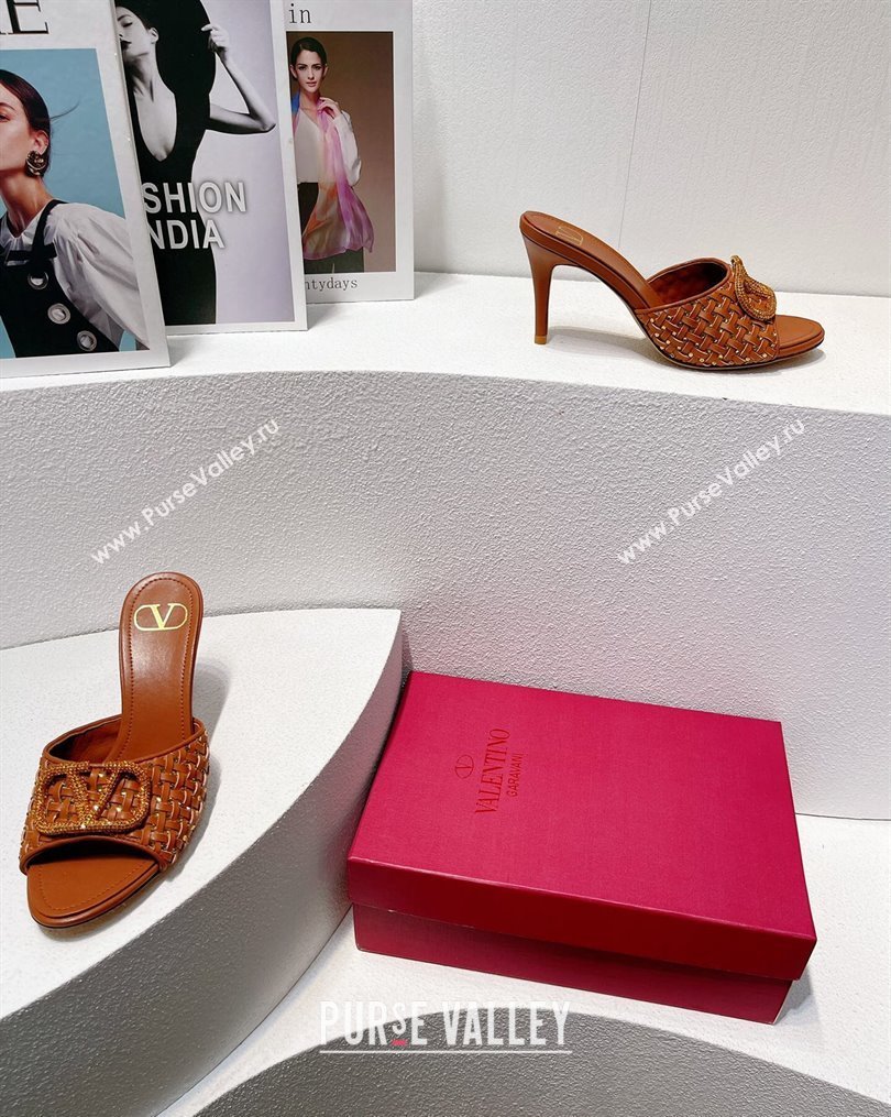 Valentino VLogo Heel Slide Sandals 7.5cm in Woven Calfskin with Crystals Brown 2023 VT102701 (MD-231027041)