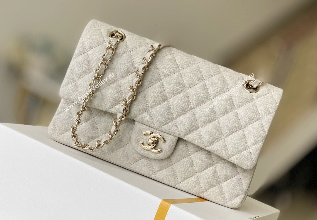 Chanel Grained Calfskin Medium Classic Flap Bag A01112 Off-white/Light Gold 2023 Original Quality (MHE-23121218)