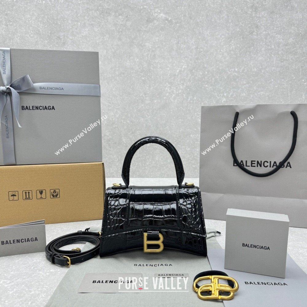 Balenciaga Hourglass Mini Top Handle Bag in Crocodile Embossed Calfskin 92940 Black/Gold 2024 (NM-24091413)
