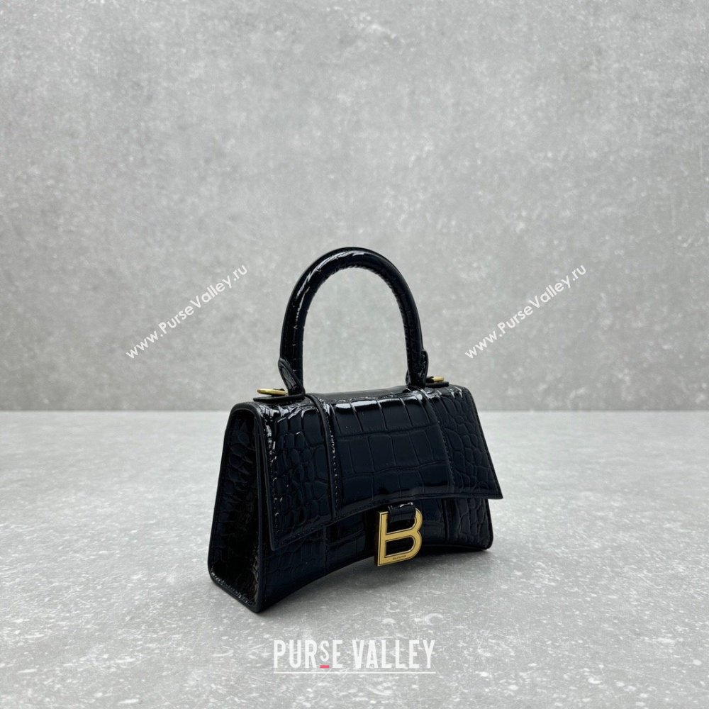 Balenciaga Hourglass Mini Top Handle Bag in Crocodile Embossed Calfskin 92940 Black/Gold 2024 (NM-24091413)