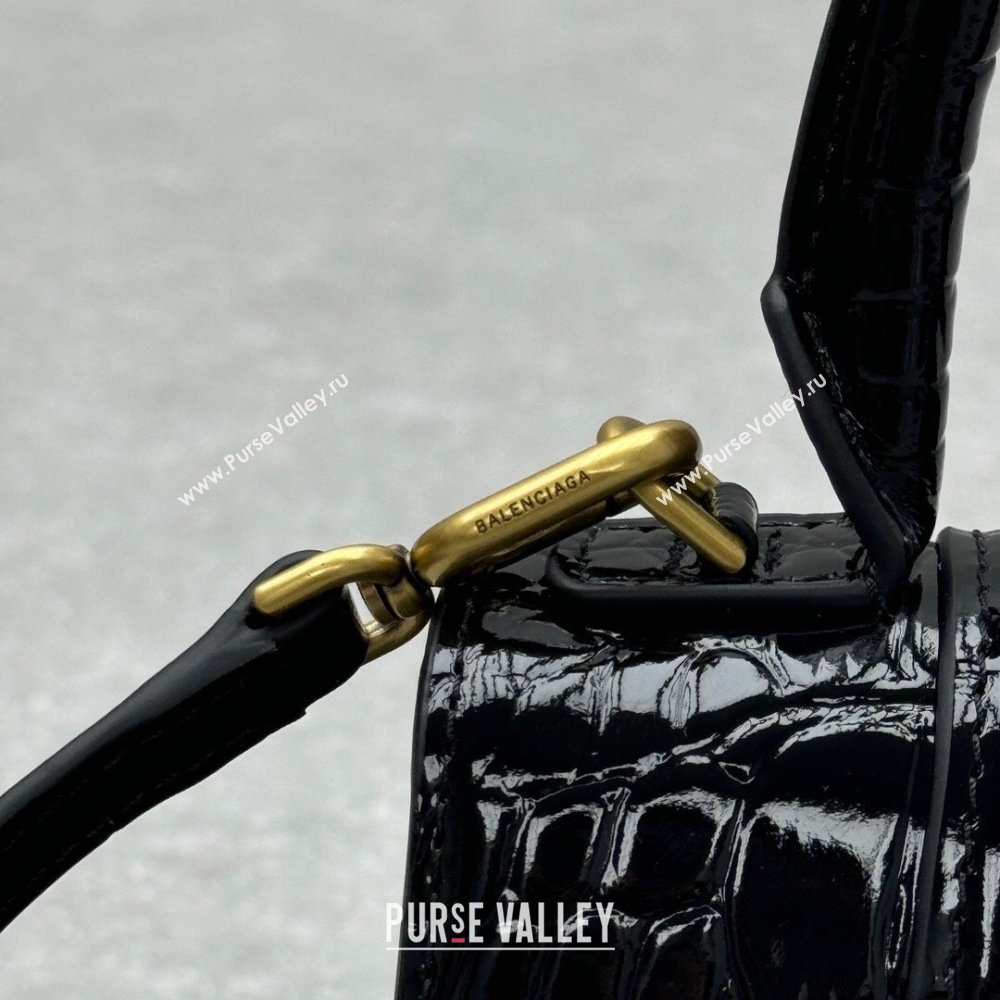 Balenciaga Hourglass Mini Top Handle Bag in Crocodile Embossed Calfskin 92940 Black/Gold 2024 (NM-24091413)