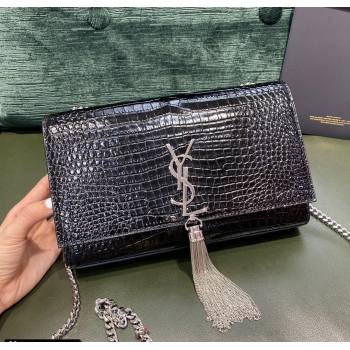 Saint Laurent Kate Medium with Tassel in Embossed Crocodile Leather 354119 Black/Silver 2021 TOP (JUND-210823053)