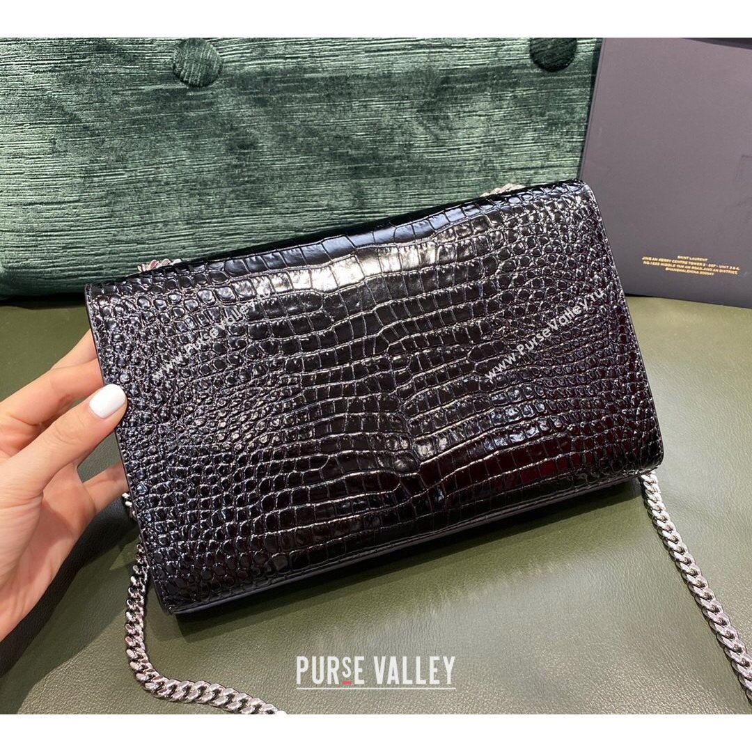 Saint Laurent Kate Medium with Tassel in Embossed Crocodile Leather 354119 Black/Silver 2021 TOP (JUND-210823053)