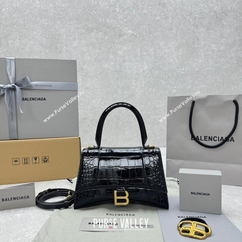 Balenciaga Hourglass Small Top Handle Bag in Crocodile Embossed Calfskin 92940 Black/Gold 2024 (NM-24091414)