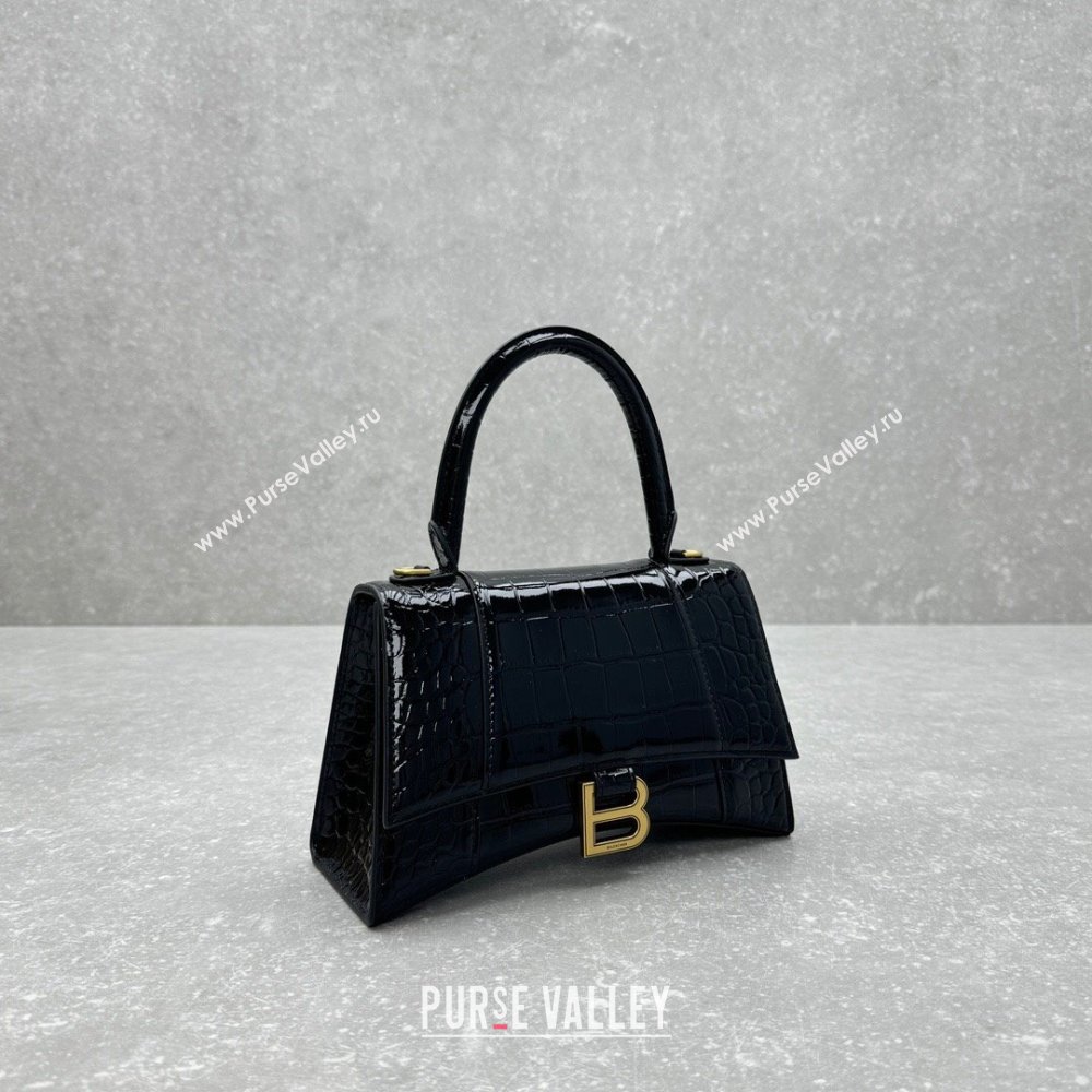 Balenciaga Hourglass Small Top Handle Bag in Crocodile Embossed Calfskin 92940 Black/Gold 2024 (NM-24091414)