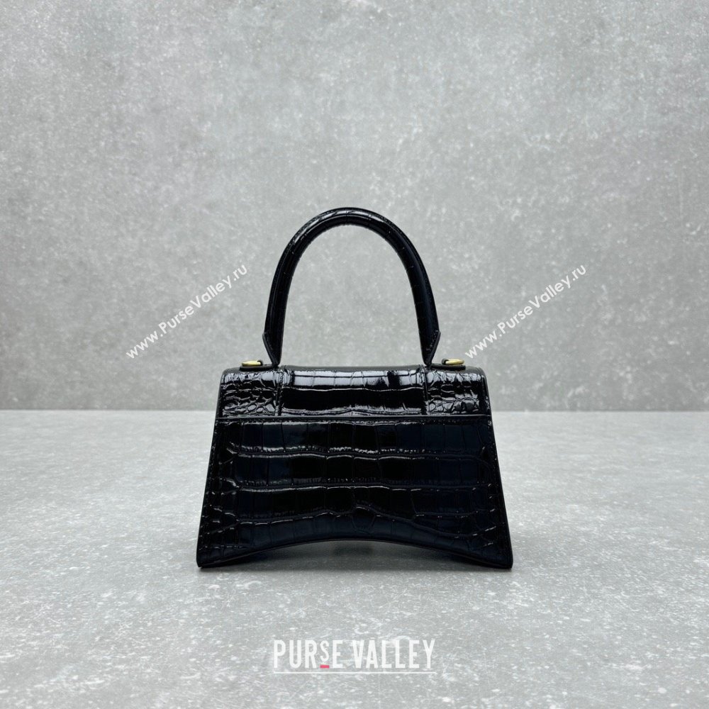 Balenciaga Hourglass Small Top Handle Bag in Crocodile Embossed Calfskin 92940 Black/Gold 2024 (NM-24091414)