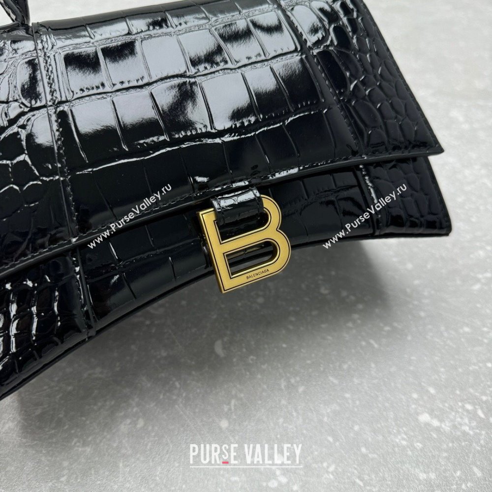 Balenciaga Hourglass Small Top Handle Bag in Crocodile Embossed Calfskin 92940 Black/Gold 2024 (NM-24091414)