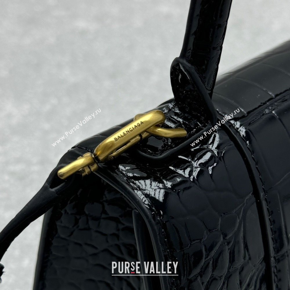 Balenciaga Hourglass Small Top Handle Bag in Crocodile Embossed Calfskin 92940 Black/Gold 2024 (NM-24091414)