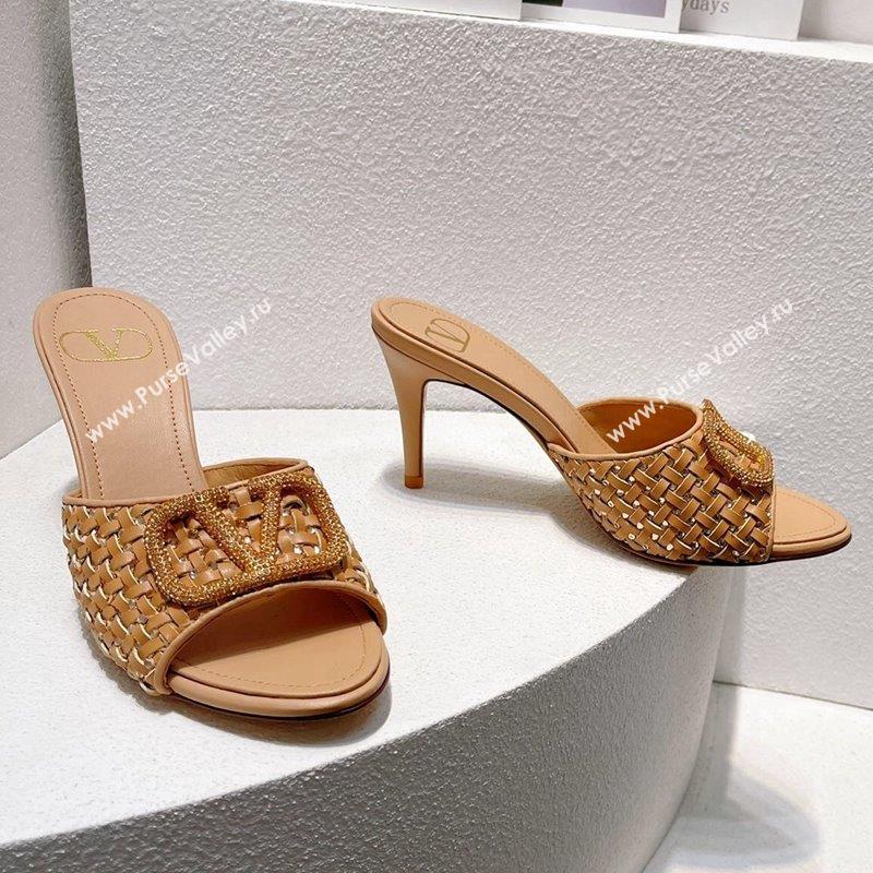 Valentino VLogo Heel Slide Sandals 7.5cm in Woven Calfskin with Crystals Beige 2023 VT102701 (MD-231027046)