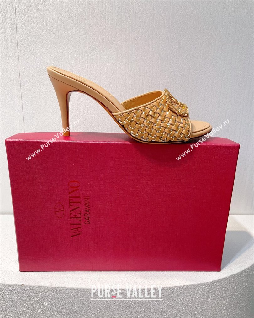 Valentino VLogo Heel Slide Sandals 7.5cm in Woven Calfskin with Crystals Beige 2023 VT102701 (MD-231027046)