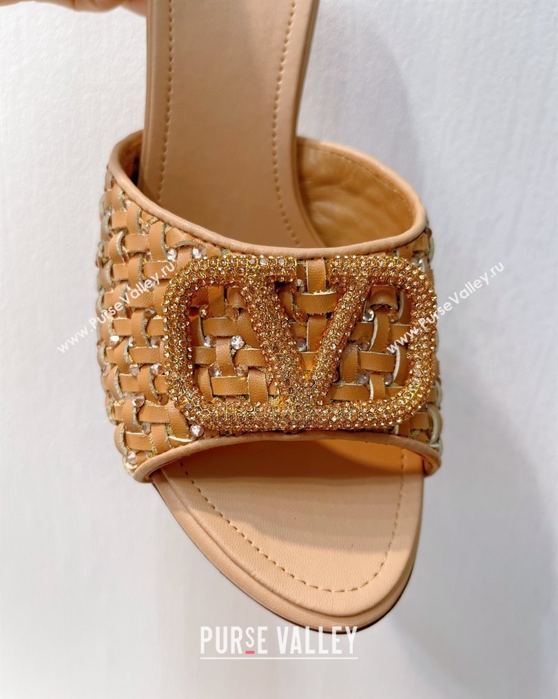 Valentino VLogo Heel Slide Sandals 7.5cm in Woven Calfskin with Crystals Beige 2023 VT102701 (MD-231027046)