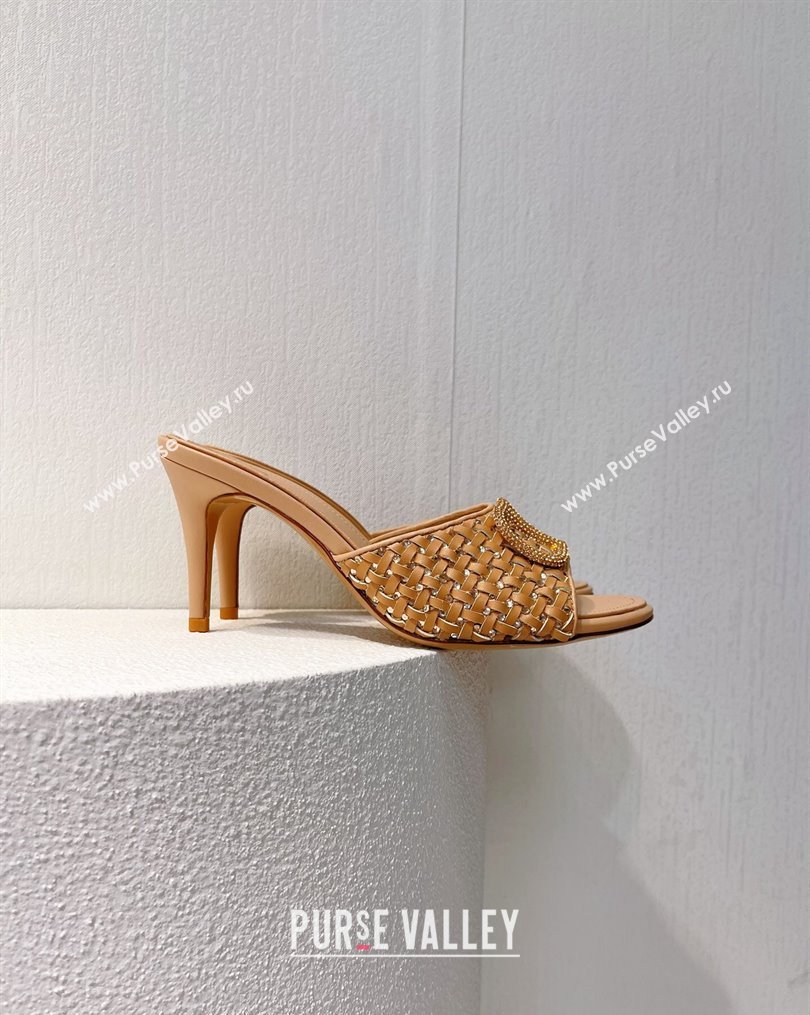 Valentino VLogo Heel Slide Sandals 7.5cm in Woven Calfskin with Crystals Beige 2023 VT102701 (MD-231027046)