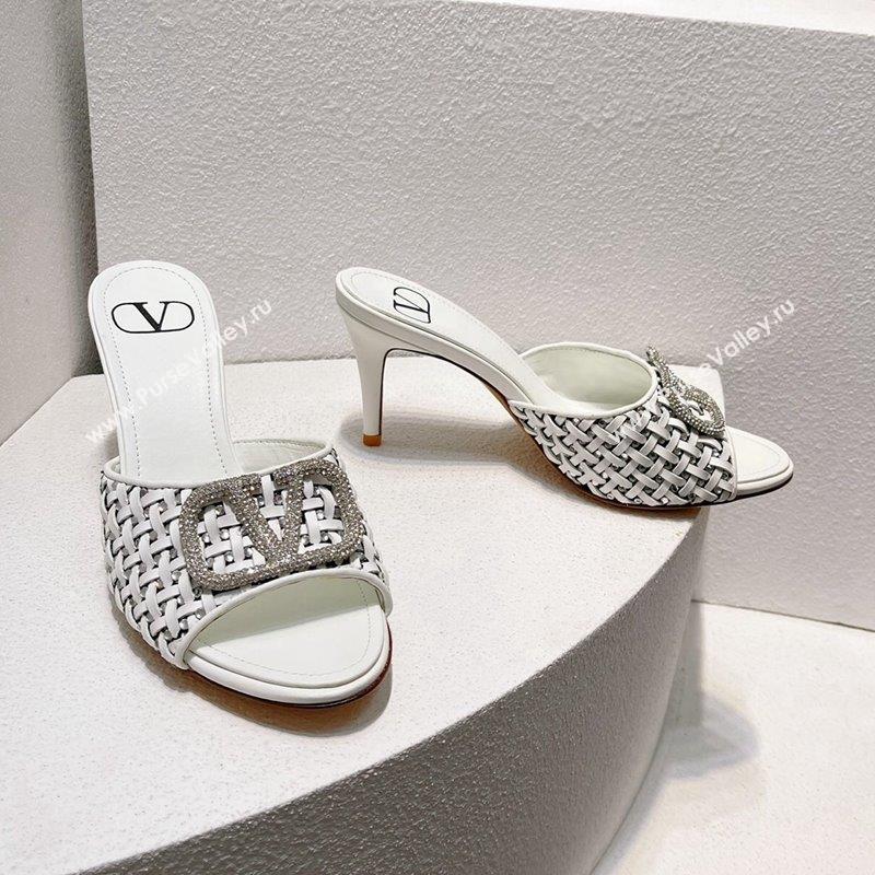 Valentino VLogo Heel Slide Sandals 7.5cm in Woven Calfskin with Crystals White 2023 VT102701 (MD-231027047)