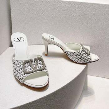 Valentino VLogo Heel Slide Sandals 7.5cm in Woven Calfskin with Crystals White 2023 VT102701 (MD-231027047)