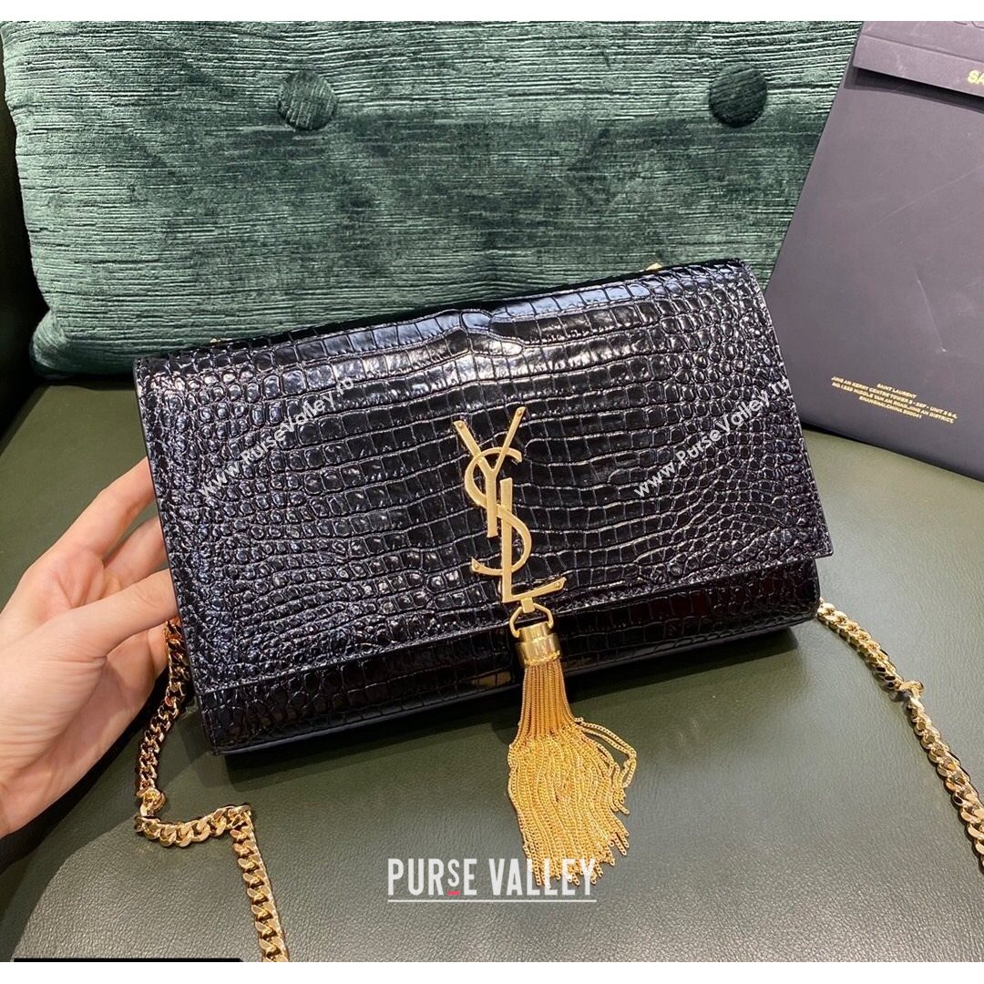 Saint Laurent Kate Medium with Tassel in Embossed Crocodile Leather 354119 Black/Gold 2021 TOP (JUND-210823054)