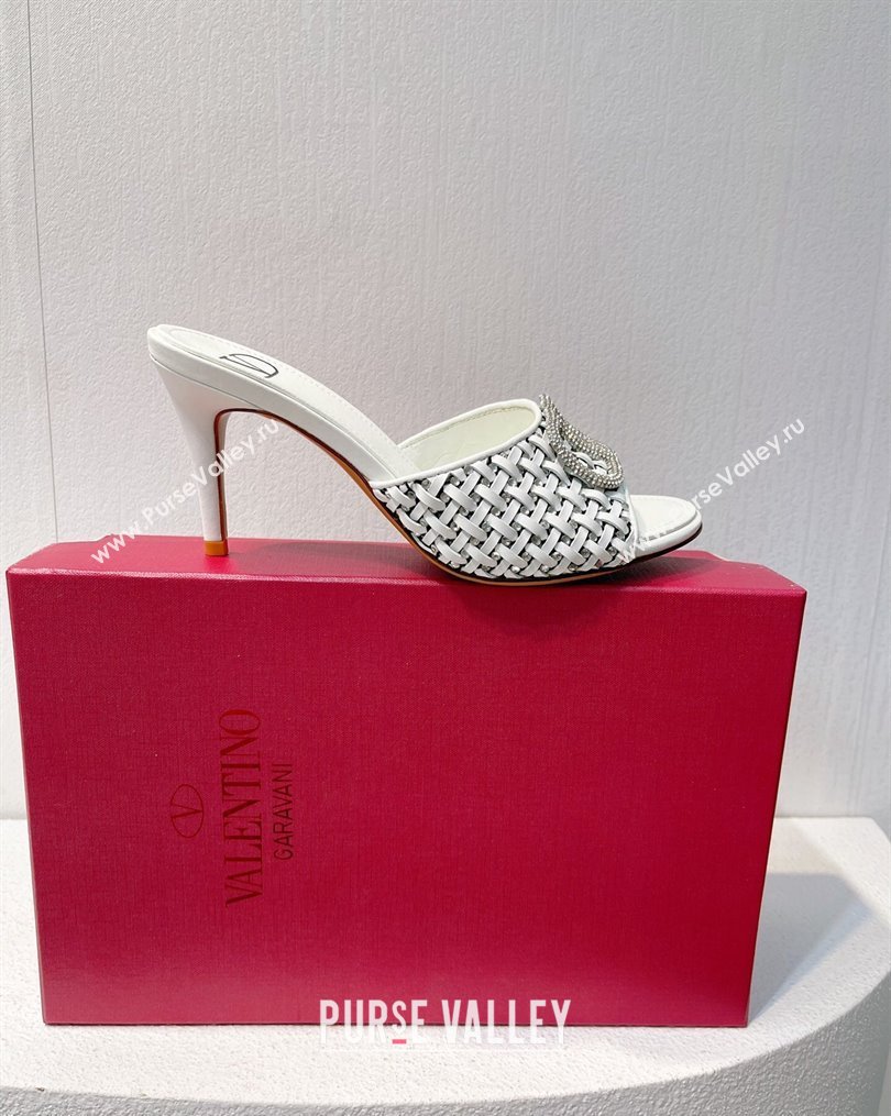 Valentino VLogo Heel Slide Sandals 7.5cm in Woven Calfskin with Crystals White 2023 VT102701 (MD-231027047)