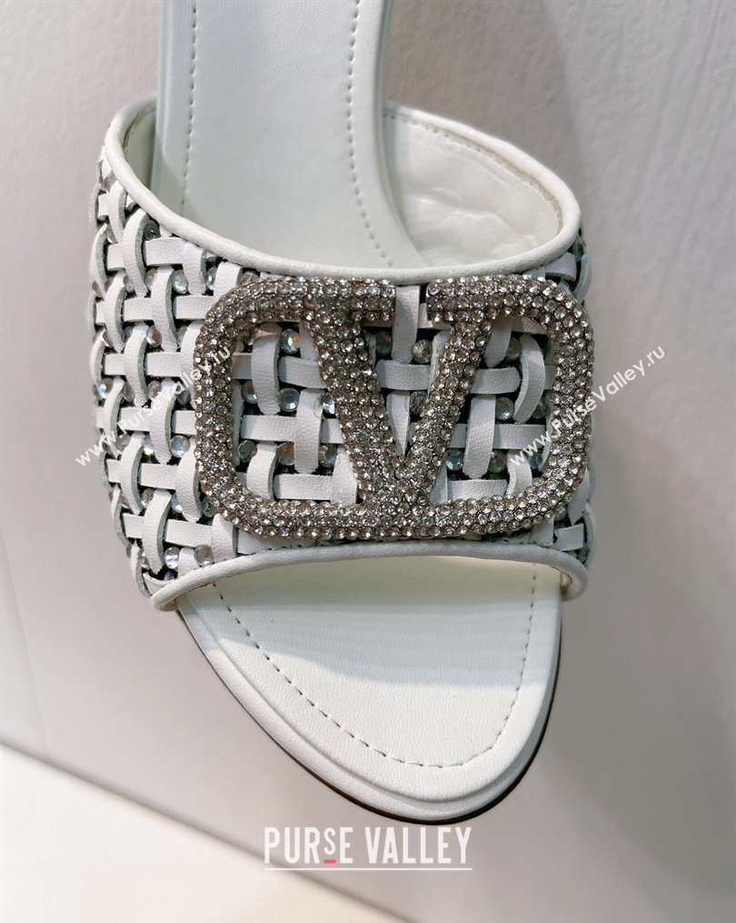 Valentino VLogo Heel Slide Sandals 7.5cm in Woven Calfskin with Crystals White 2023 VT102701 (MD-231027047)