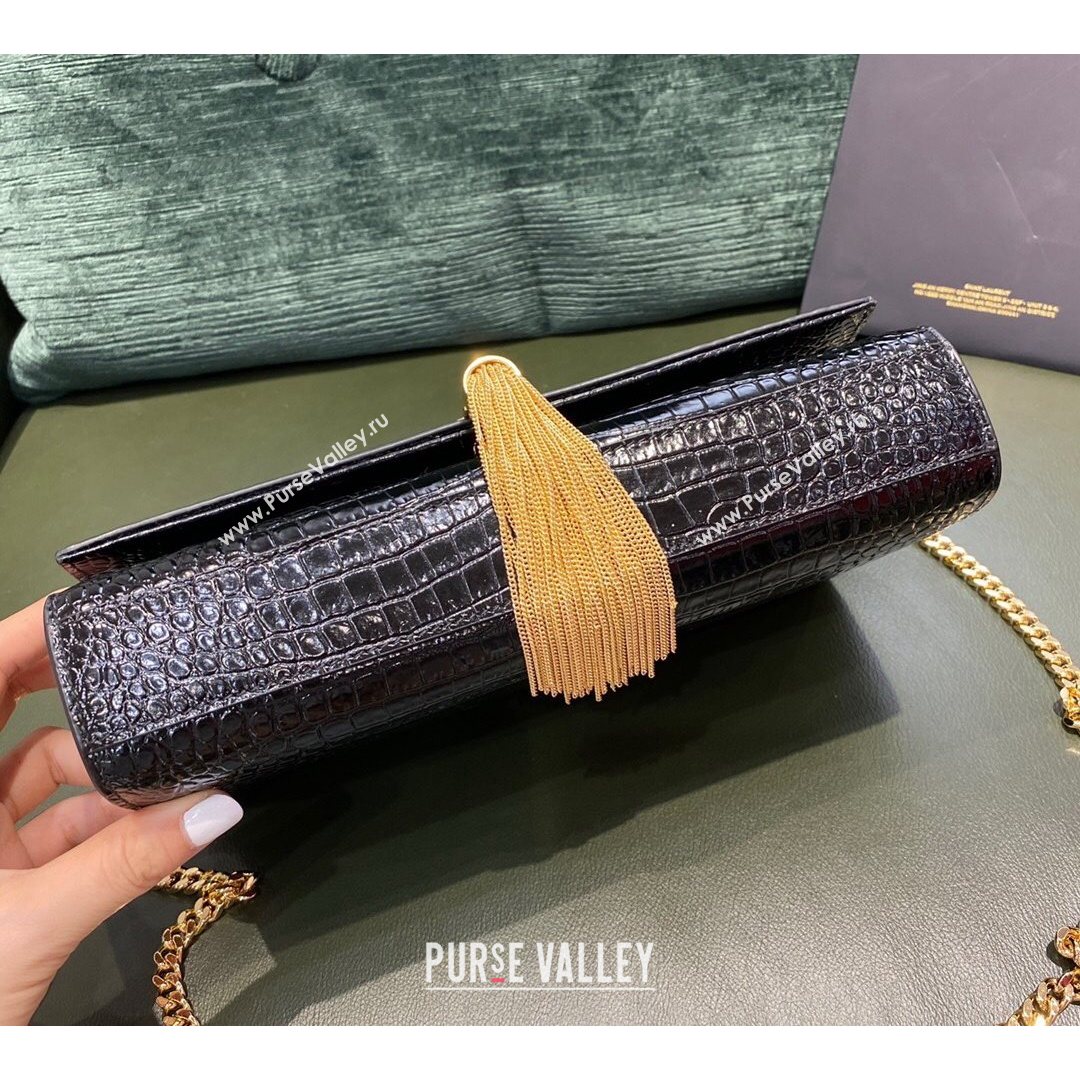 Saint Laurent Kate Medium with Tassel in Embossed Crocodile Leather 354119 Black/Gold 2021 TOP (JUND-210823054)