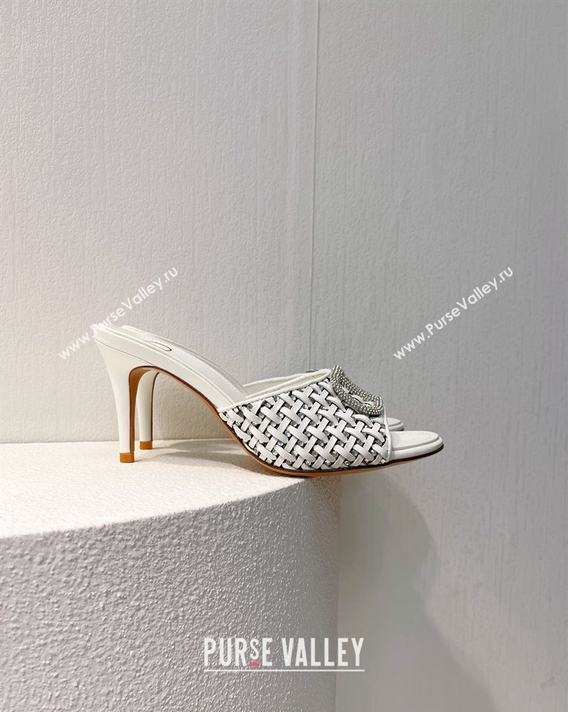 Valentino VLogo Heel Slide Sandals 7.5cm in Woven Calfskin with Crystals White 2023 VT102701 (MD-231027047)