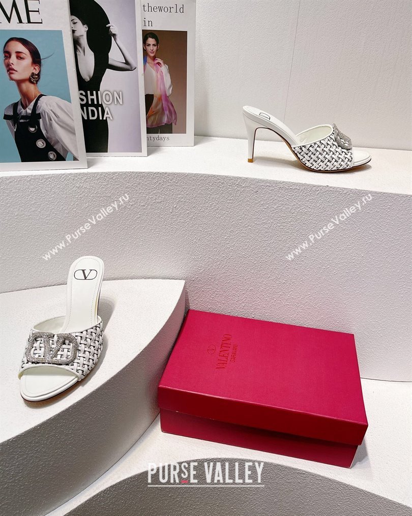 Valentino VLogo Heel Slide Sandals 7.5cm in Woven Calfskin with Crystals White 2023 VT102701 (MD-231027047)