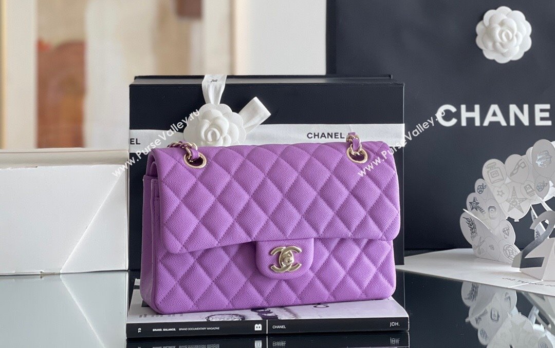 Chanel Grained Calfskin Small Classic Flap Bag A01113 Purple/Light Gold 2023 Original Quality (MHE-23121223)