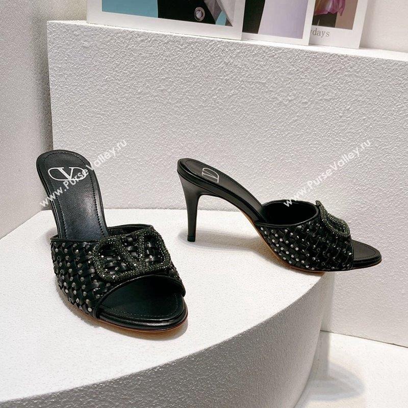 Valentino VLogo Heel Slide Sandals 7.5cm in Woven Calfskin with Crystals Black 2023 VT102701 (MD-231027048)