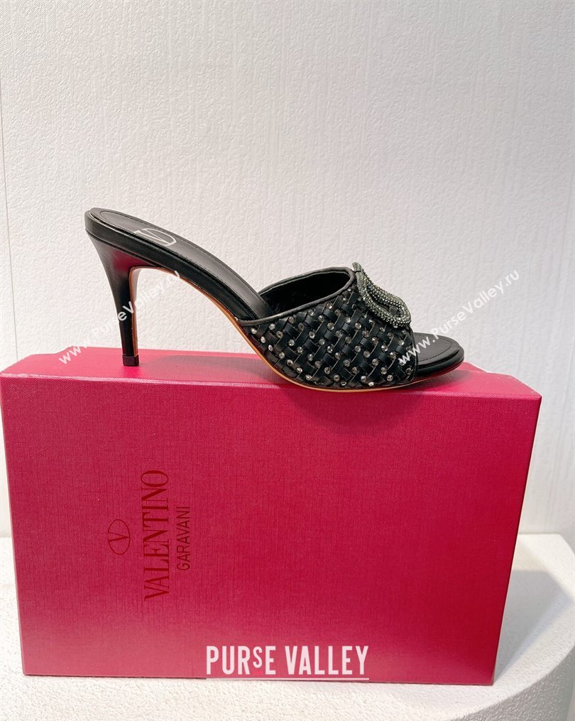 Valentino VLogo Heel Slide Sandals 7.5cm in Woven Calfskin with Crystals Black 2023 VT102701 (MD-231027048)