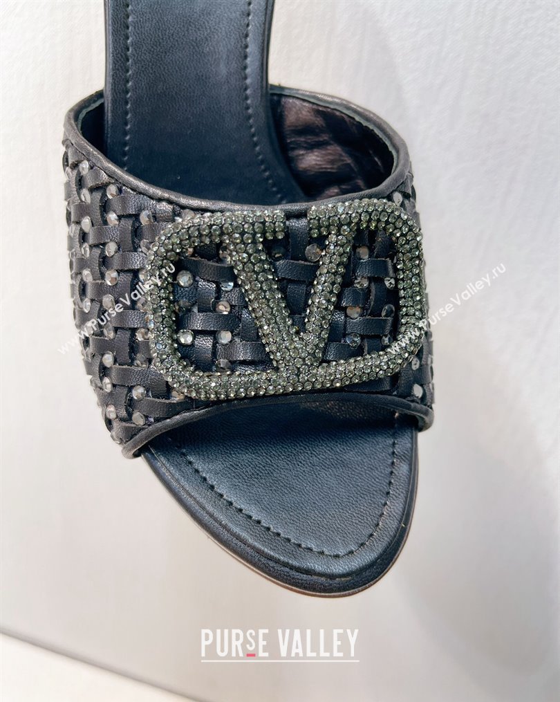 Valentino VLogo Heel Slide Sandals 7.5cm in Woven Calfskin with Crystals Black 2023 VT102701 (MD-231027048)