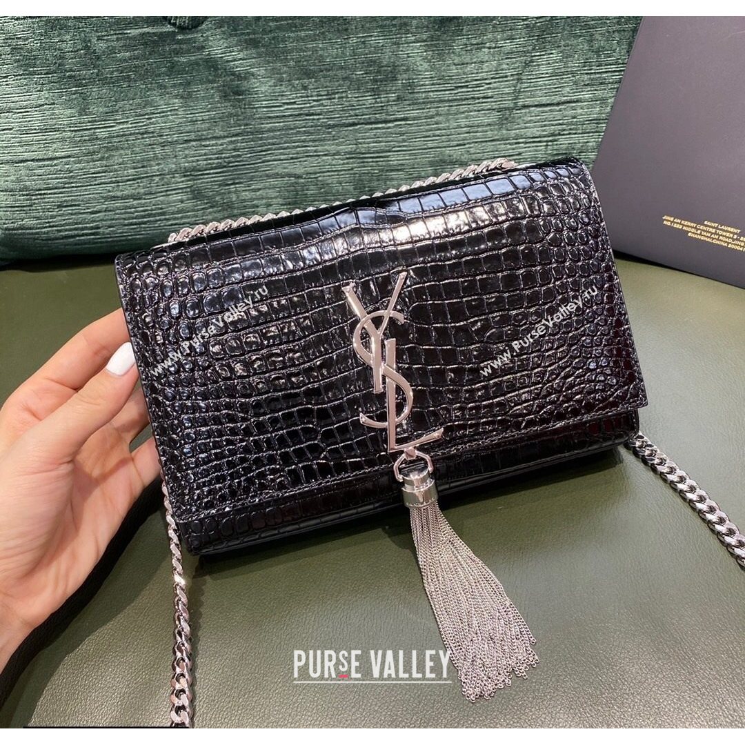 Saint Laurent Kate Small Chain and Tassel Bag in Crocodile Embossed Leather Black/Silver 2021 TOP (JUND-210823055)