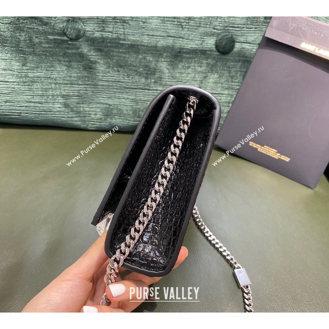 Saint Laurent Kate Small Chain and Tassel Bag in Crocodile Embossed Leather Black/Silver 2021 TOP (JUND-210823055)