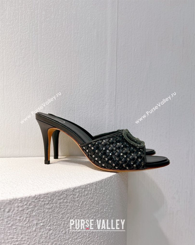 Valentino VLogo Heel Slide Sandals 7.5cm in Woven Calfskin with Crystals Black 2023 VT102701 (MD-231027048)