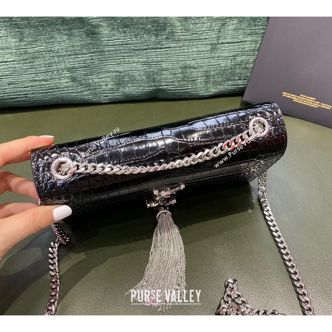 Saint Laurent Kate Small Chain and Tassel Bag in Crocodile Embossed Leather Black/Silver 2021 TOP (JUND-210823055)