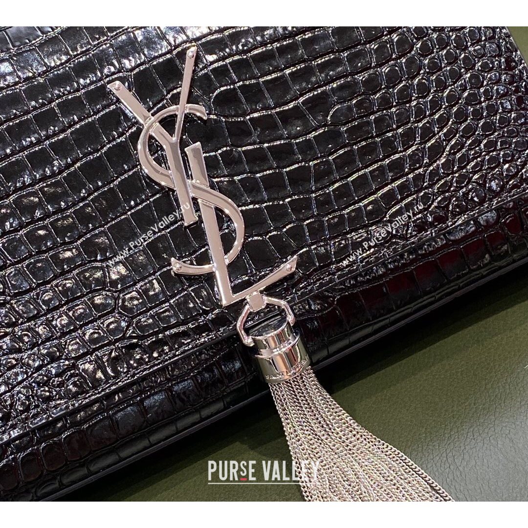 Saint Laurent Kate Small Chain and Tassel Bag in Crocodile Embossed Leather Black/Silver 2021 TOP (JUND-210823055)