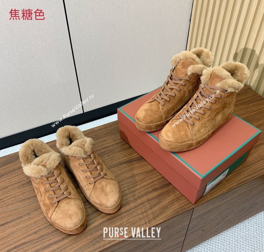 Loro Piana High Top Sneakers/Ankle Boots in Suede and Wool Fur Caramel Brown 2025 LP111304 (HH-251211050)