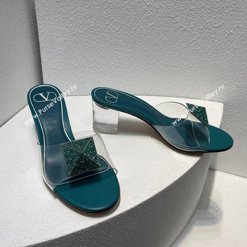 Valentino One Stud PVC Heel Slide Sandals with Crystals and Clear Heel 4.5cm Peacock Green 2023 VT102702 (MD-231027049)