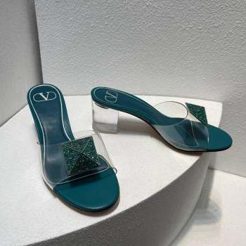 Valentino One Stud PVC Heel Slide Sandals with Crystals and Clear Heel 4.5cm Peacock Green 2023 VT102702 (MD-231027049)