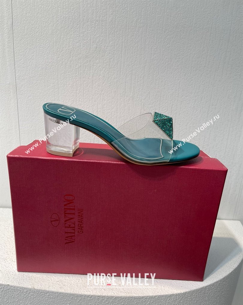 Valentino One Stud PVC Heel Slide Sandals with Crystals and Clear Heel 4.5cm Peacock Green 2023 VT102702 (MD-231027049)