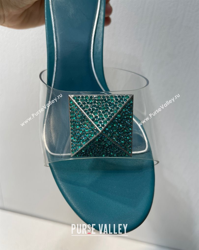 Valentino One Stud PVC Heel Slide Sandals with Crystals and Clear Heel 4.5cm Peacock Green 2023 VT102702 (MD-231027049)