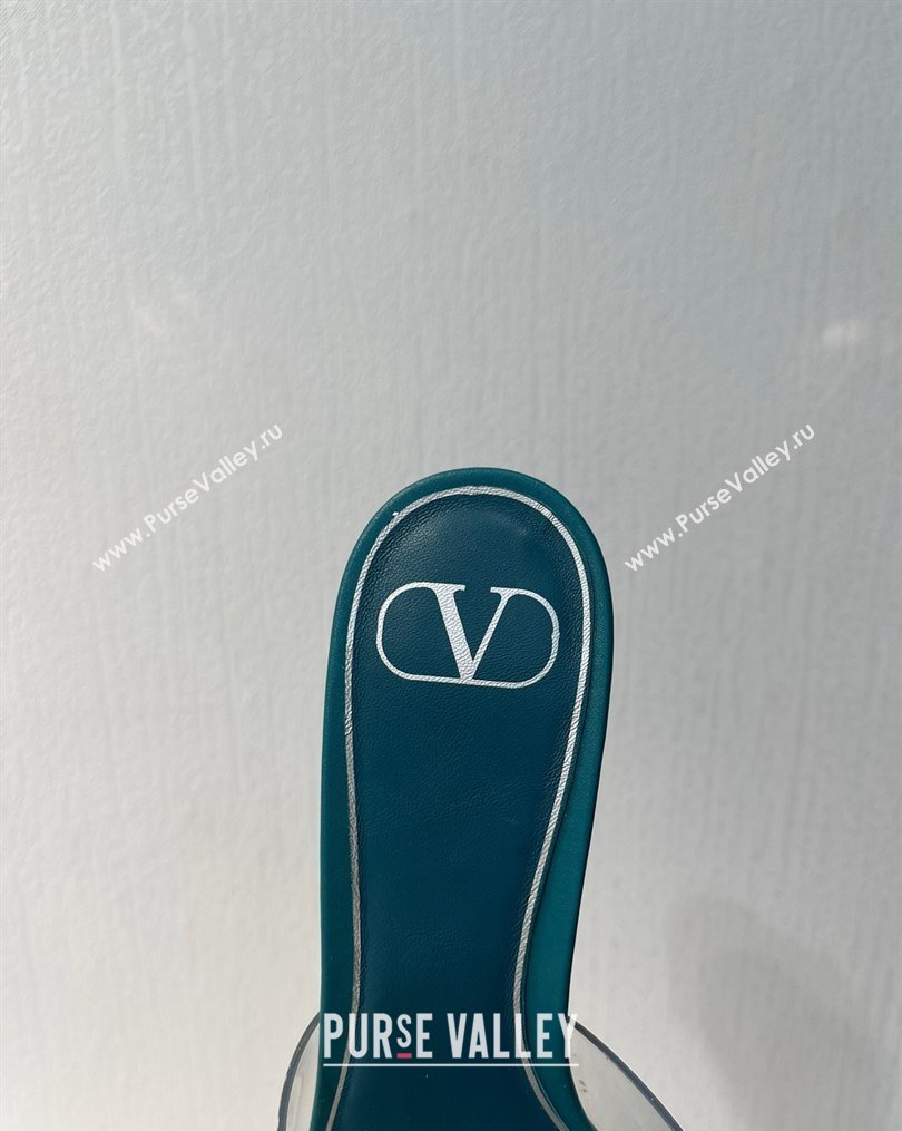 Valentino One Stud PVC Heel Slide Sandals with Crystals and Clear Heel 4.5cm Peacock Green 2023 VT102702 (MD-231027049)