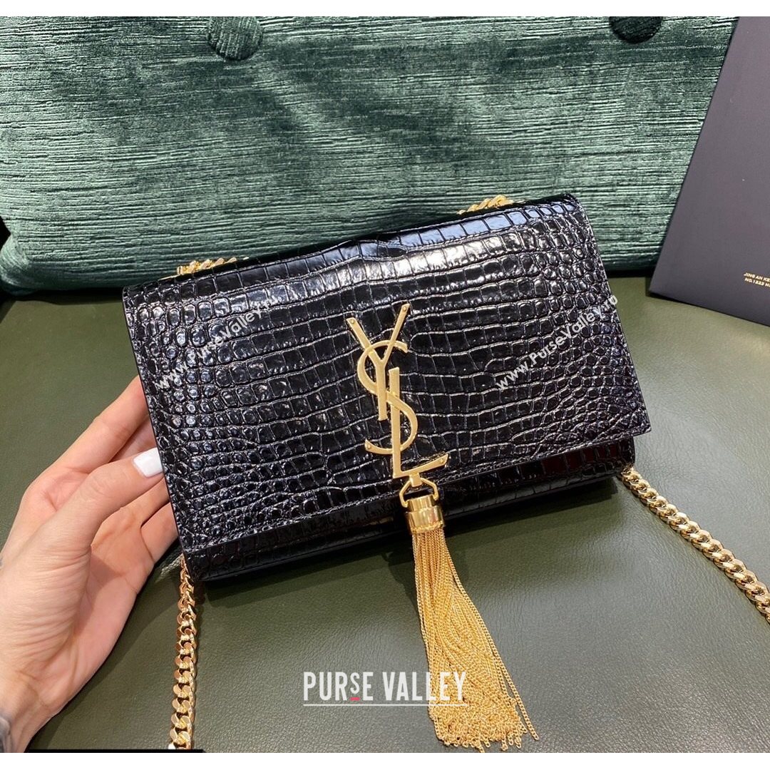 Saint Laurent Kate Small Chain and Tassel Bag in Crocodile Embossed Leather 474366 Black/Gold 2021 TOP (JUND-210823056)