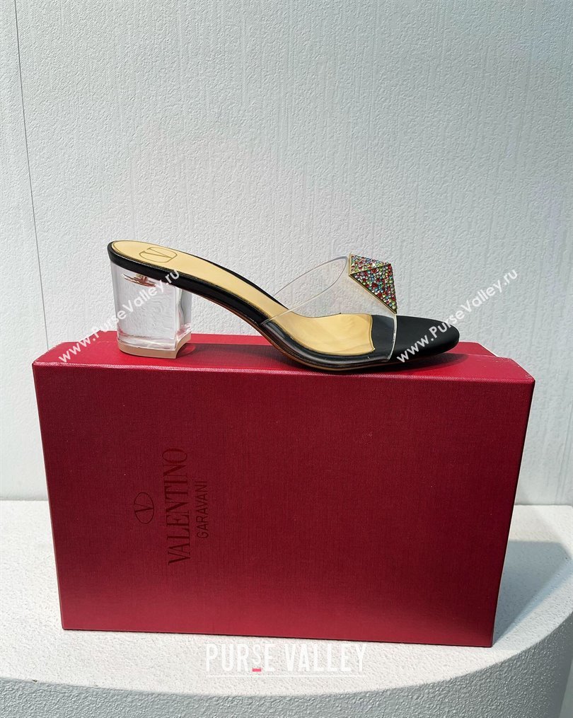 Valentino One Stud PVC Heel Slide Sandals with Crystals and Clear Heel 4.5cm Black/Nude 2023 VT102702 (MD-231027050)